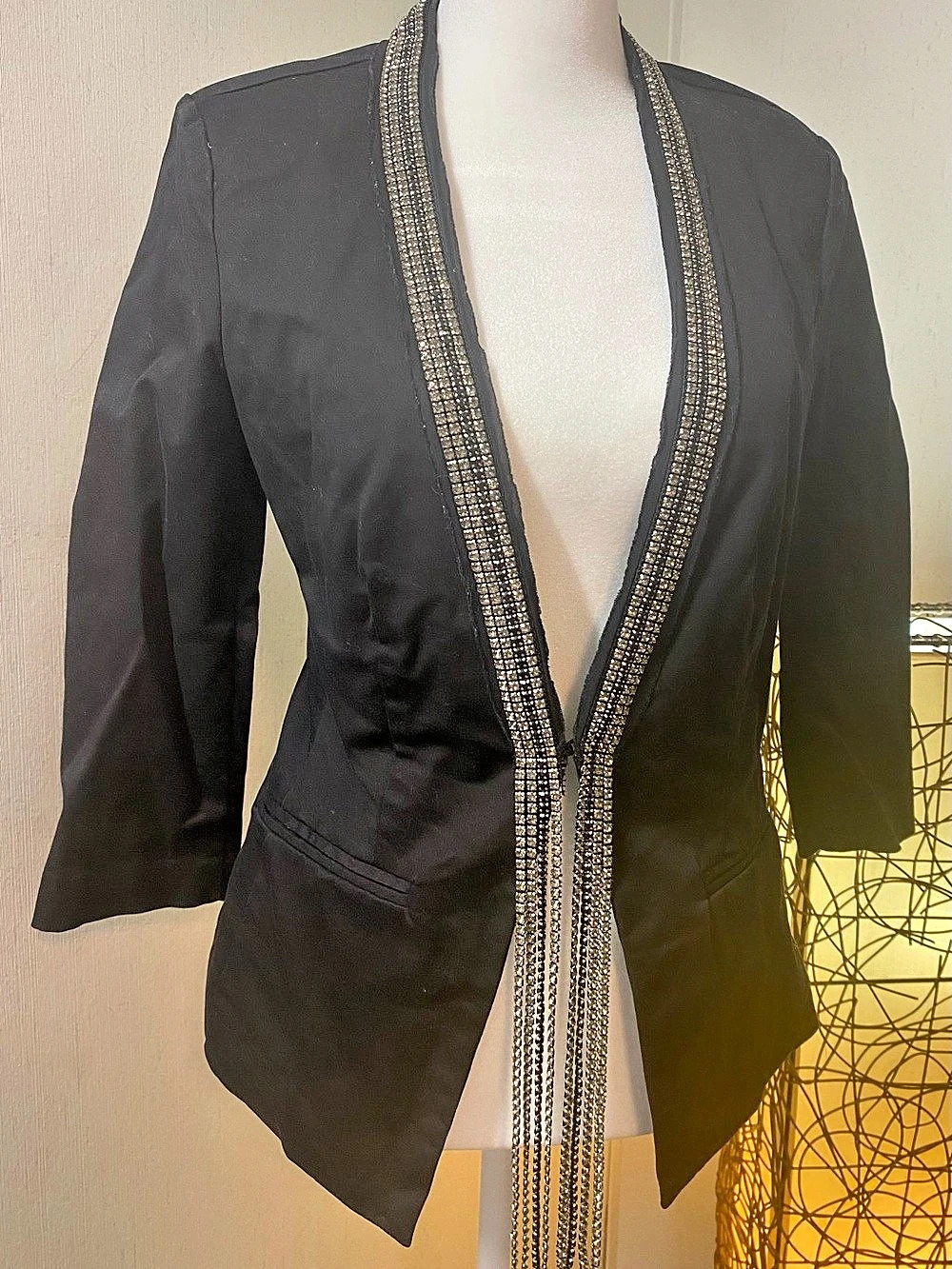 Rock & Republic Black Rhinestone Trim Open Front Blazer Size 2